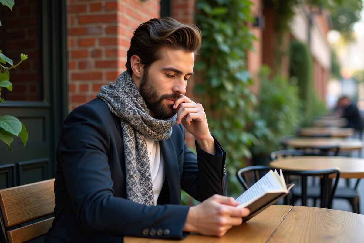 Jeune homme avec barbe assis dans un café en plein air