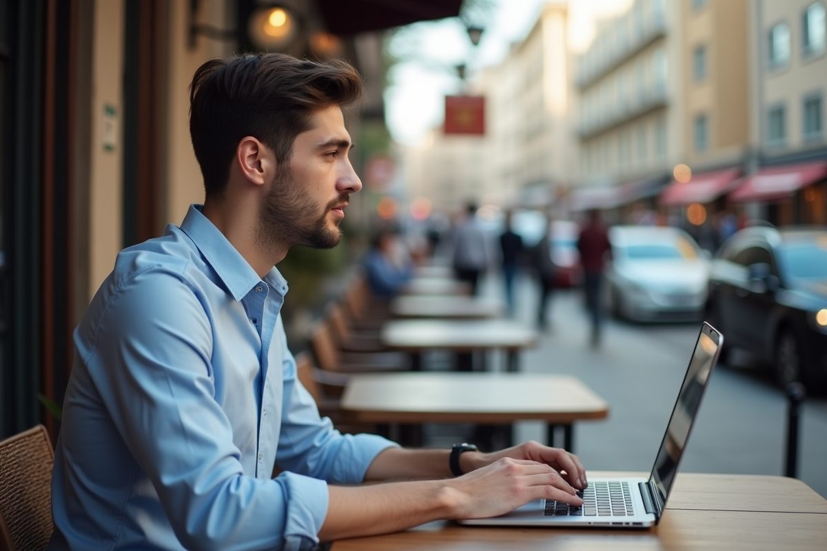 Jeune homme au café gérant ses réseaux sociaux