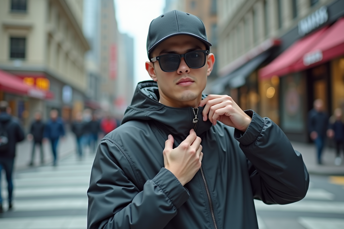 Jeune homme fixant une pince à chapeau sur sa casquette en ville