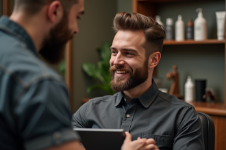 Jeune homme souriant dans un salon de coiffure moderne