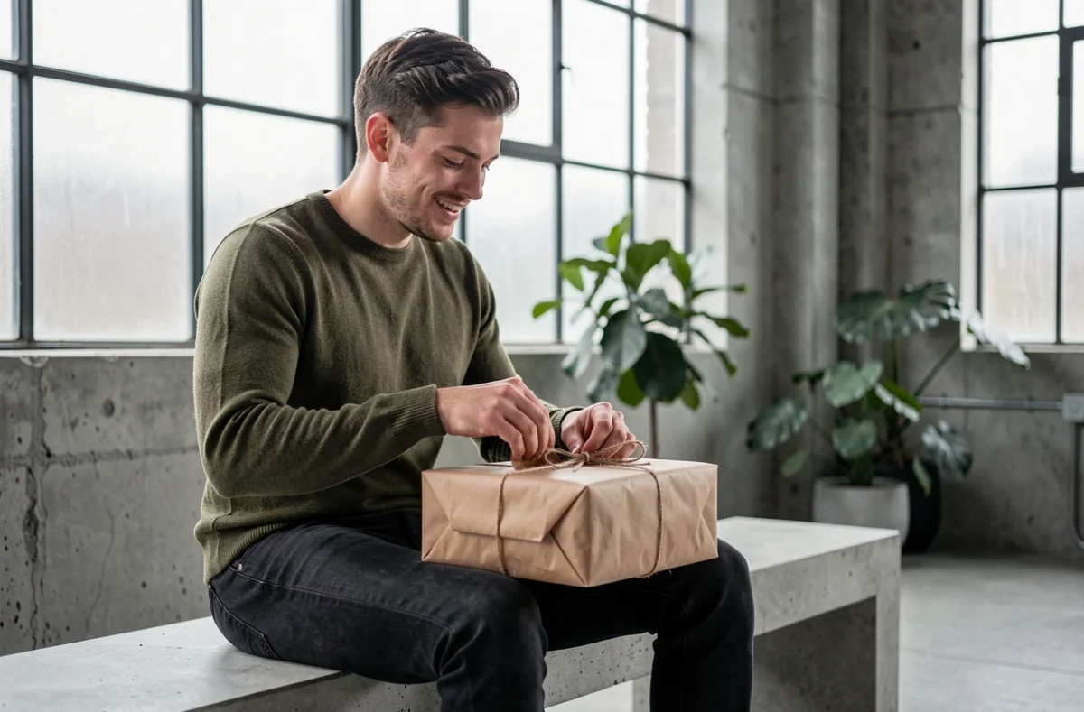 Jeune homme déballant une box cadeau dans un loft urbain moderne aux murs en béton