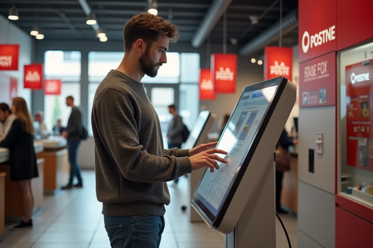Jeune homme utilisant un kiosque num&eacute;rique dans une poste moderne