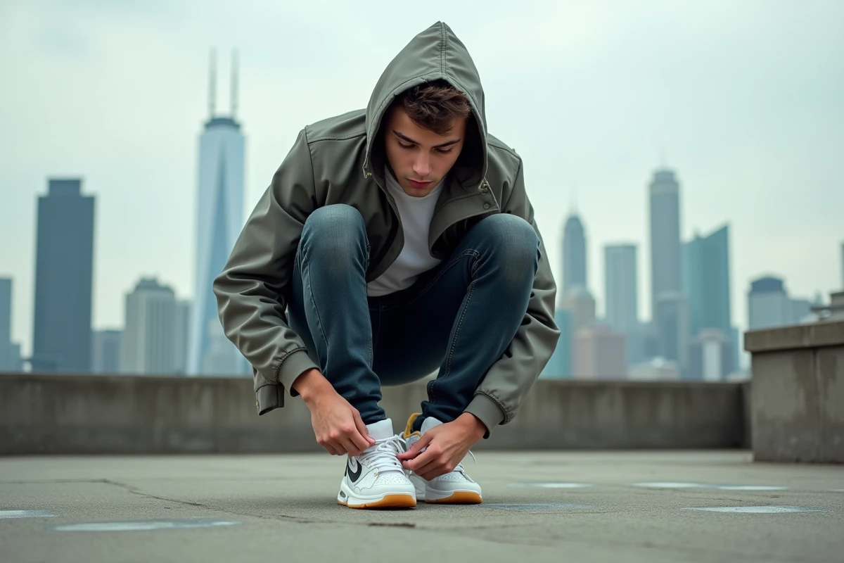 Jeune homme lacant ses sneakers sur un rooftop urbain