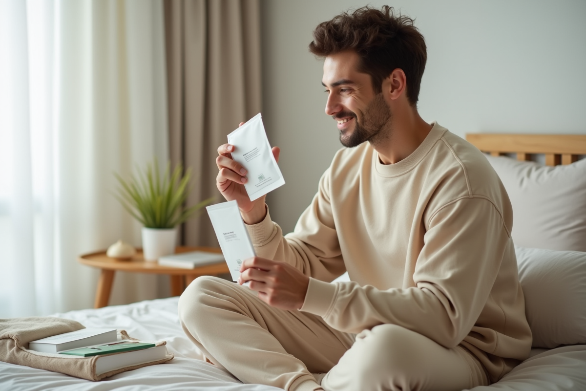 Jeune homme souriant tenant un masque facial dans sa chambre