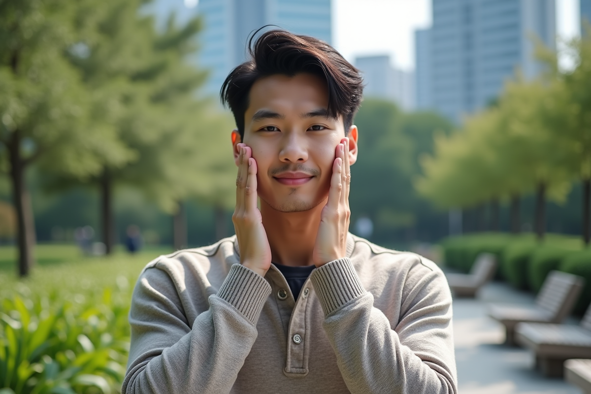 Jeune homme faisant un massage facial en parc urbain