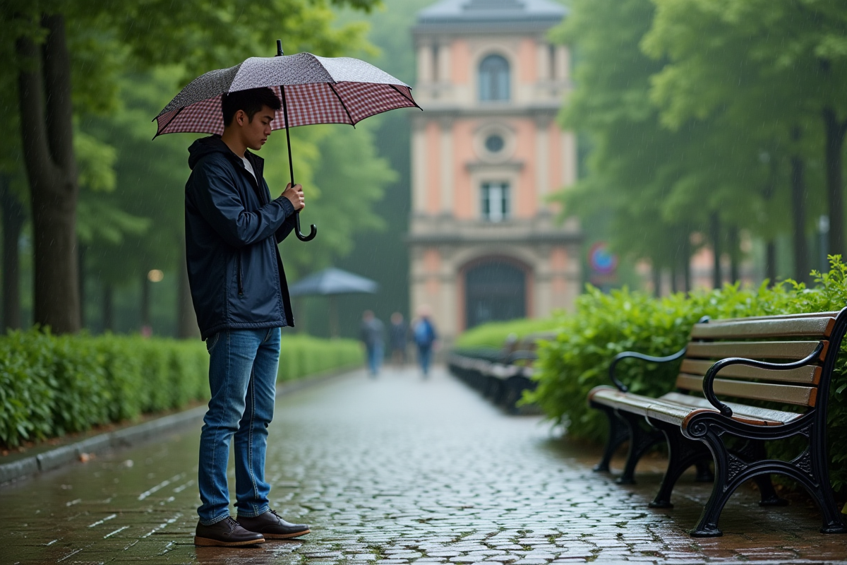 Jeune homme avec parapluie dans un parc urbain verdoyant