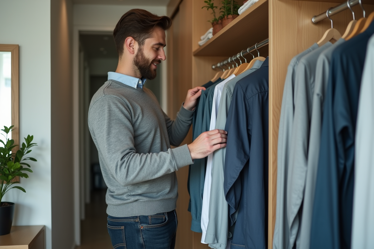 Jeune homme organisant des vêtements dans un placard moderne