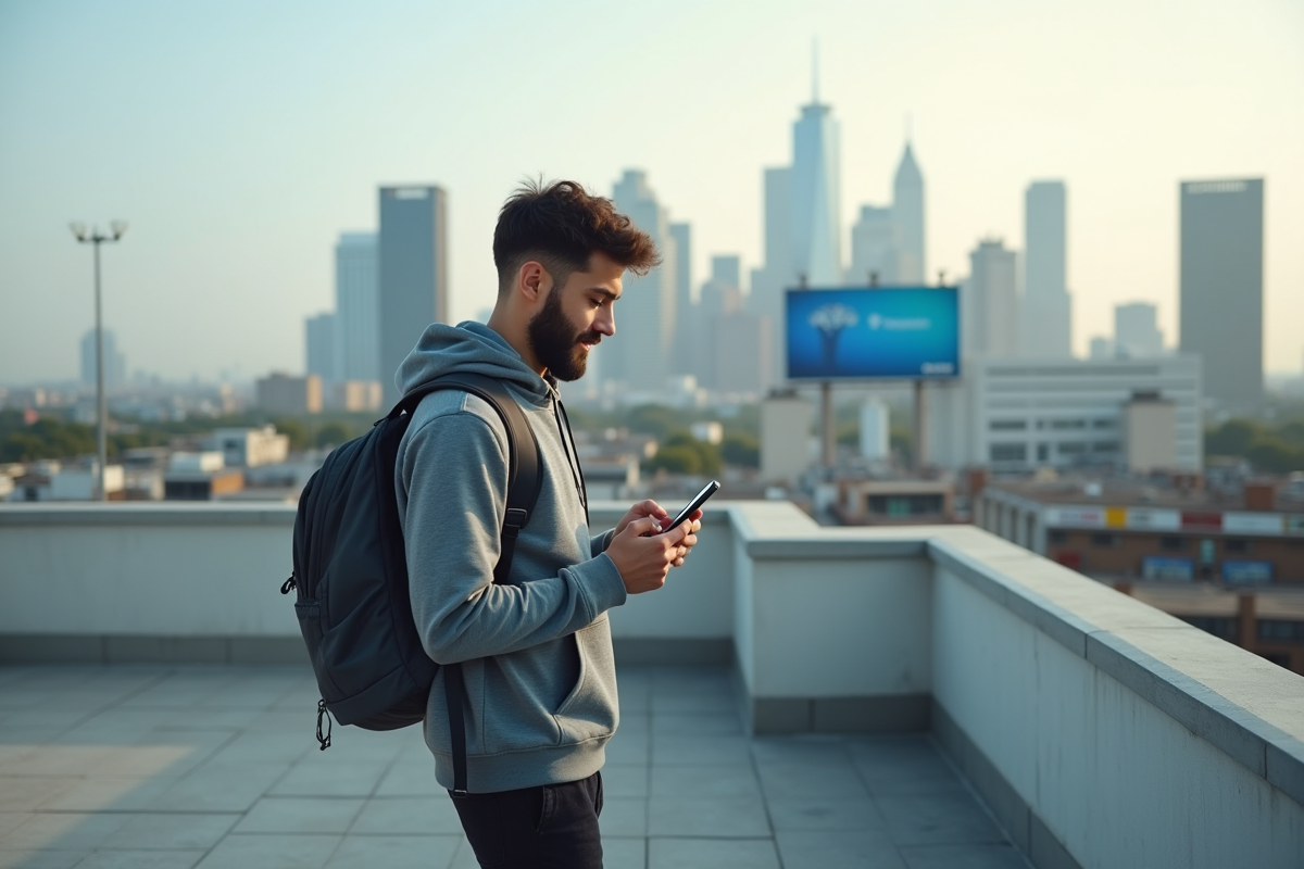 Jeune homme avec smartphone sur rooftop urbain