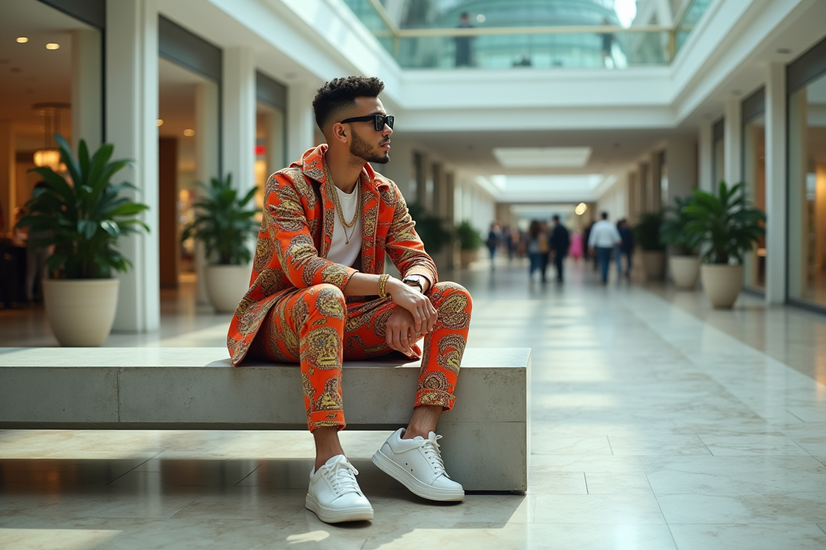 Jeune homme en streetwear luxe dans un centre commercial moderne