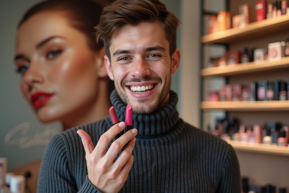 Jeune homme testant des rouges à lèvres dans une boutique moderne