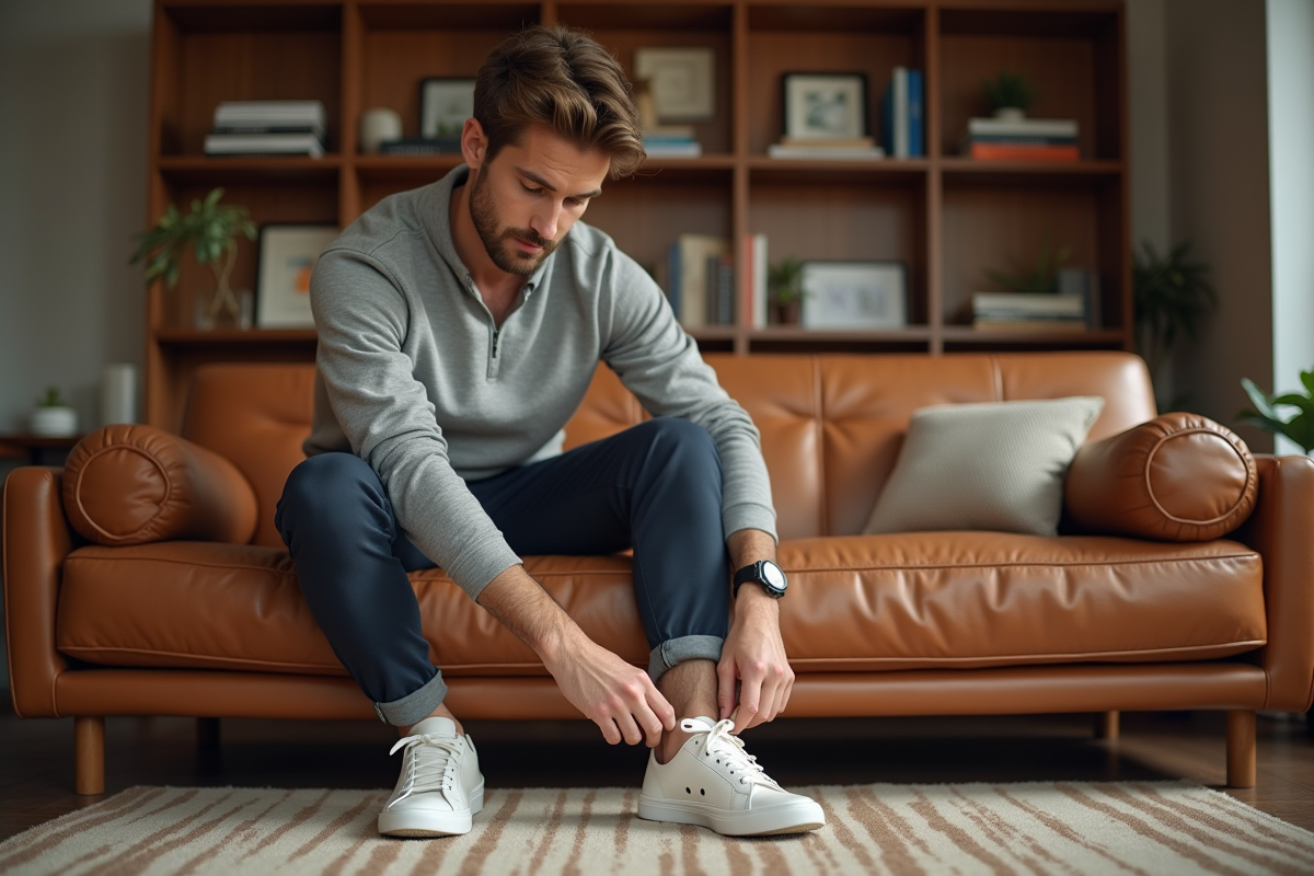 Jeune homme assis en intérieur en nouant ses chaussures