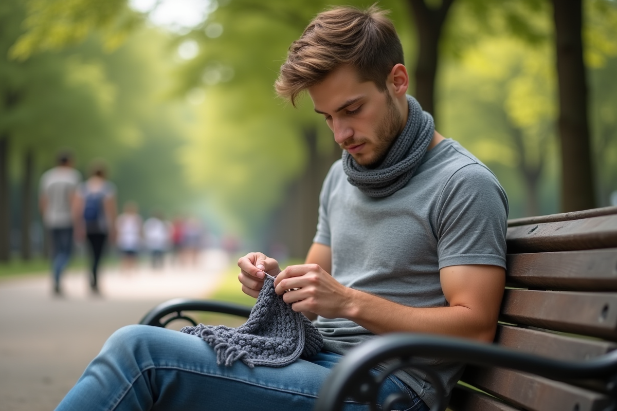 Jeune homme tricotant dans un parc urbain
