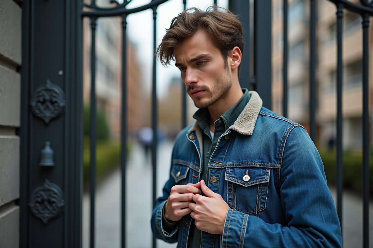 Jeune homme regardant un bouton manquant sur sa veste en denim en ville