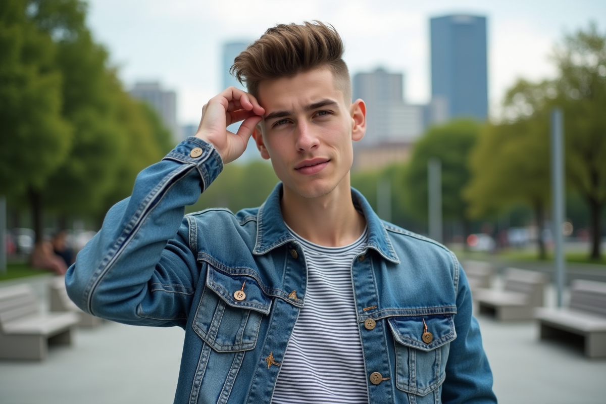 Jeune homme avec coupe textured dans un parc urbain