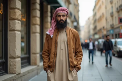 Jeune homme musulman en ville portant un thobe et kufi