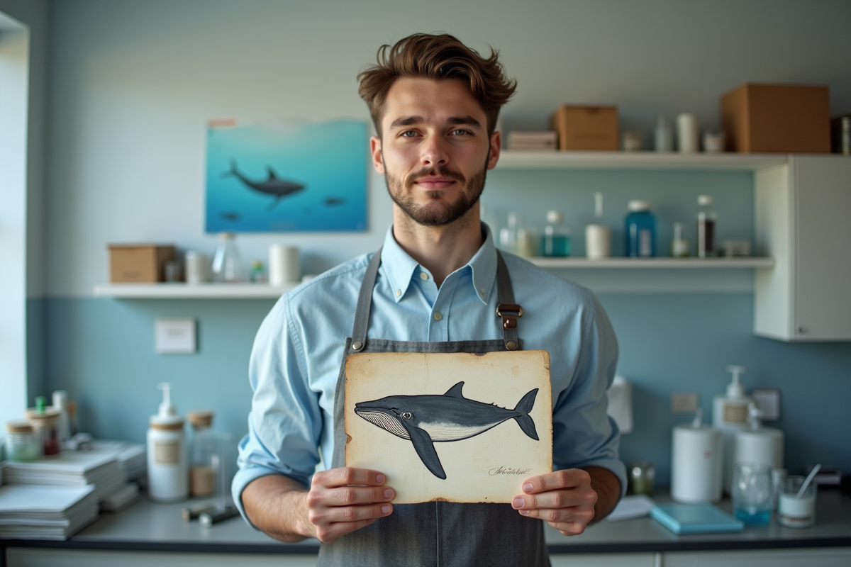 Jeune scientifique avec illustration de baleine et rouges à lèvres