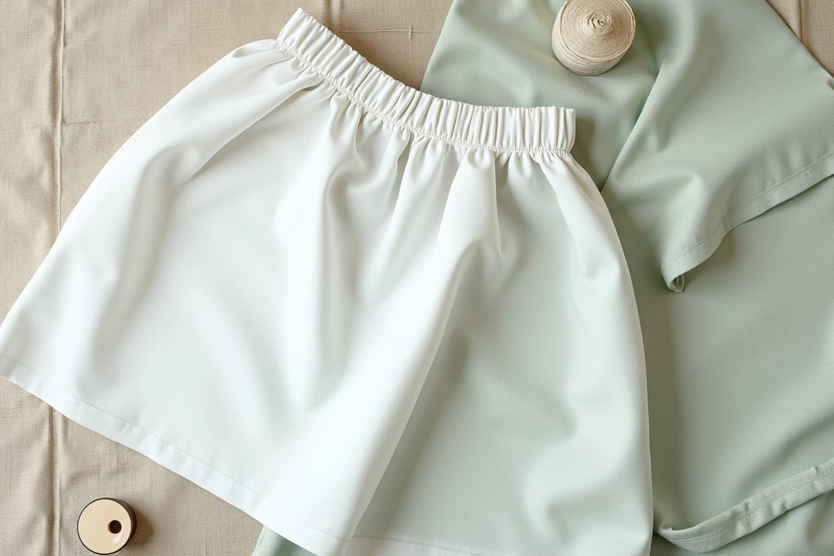 Pose à plat d'un jupon blanc en coton et d'un tissu en lin côte à côte, comparaison des textures et de l'opacité