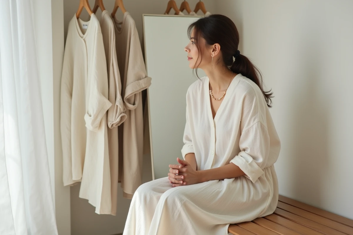 Femme assise en robe lin beige avec jupon blanc visible à l'ourlet, dans un dressing lumineux au style naturel