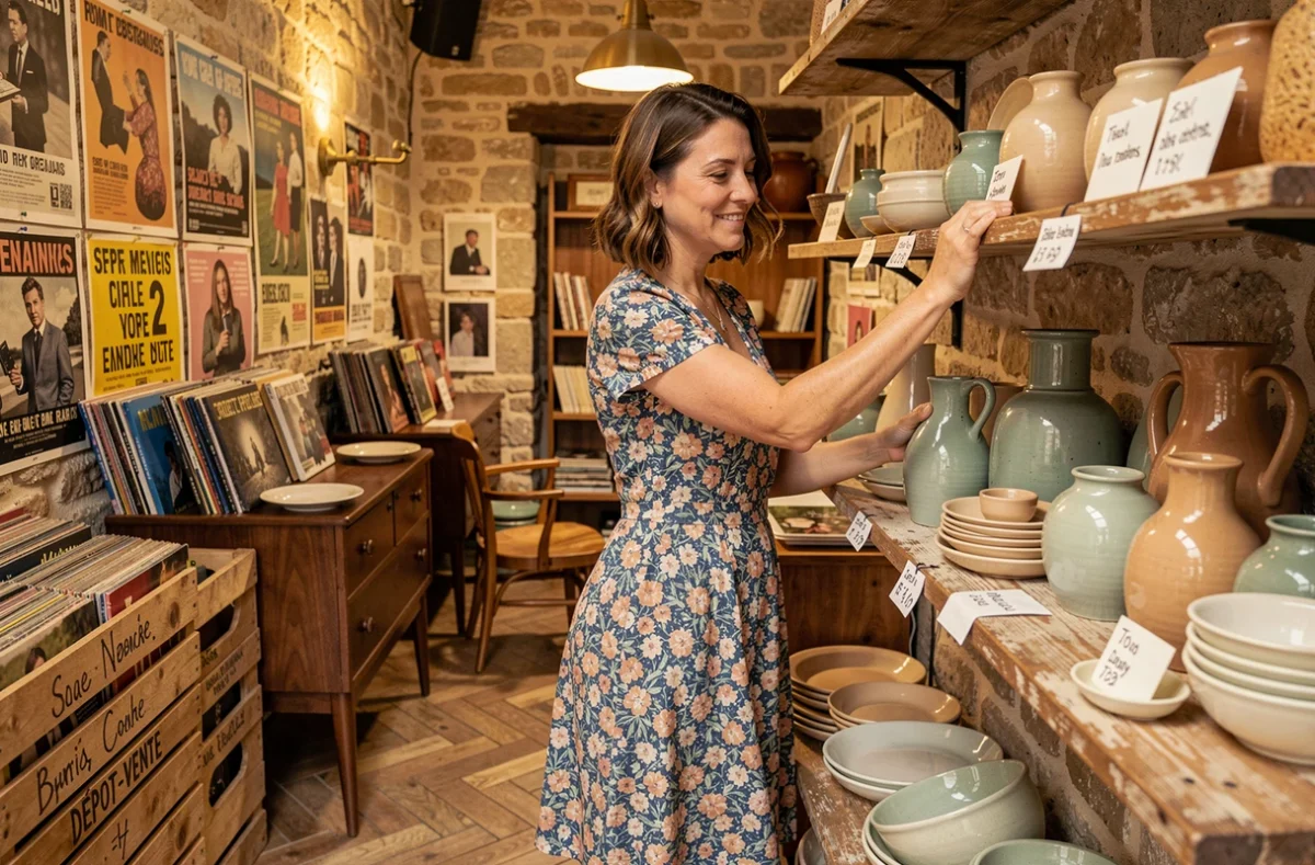 Boutique La Ritournelle avec mobilier vintage, disques vinyles et céramiques anciens joliment mis en scène
