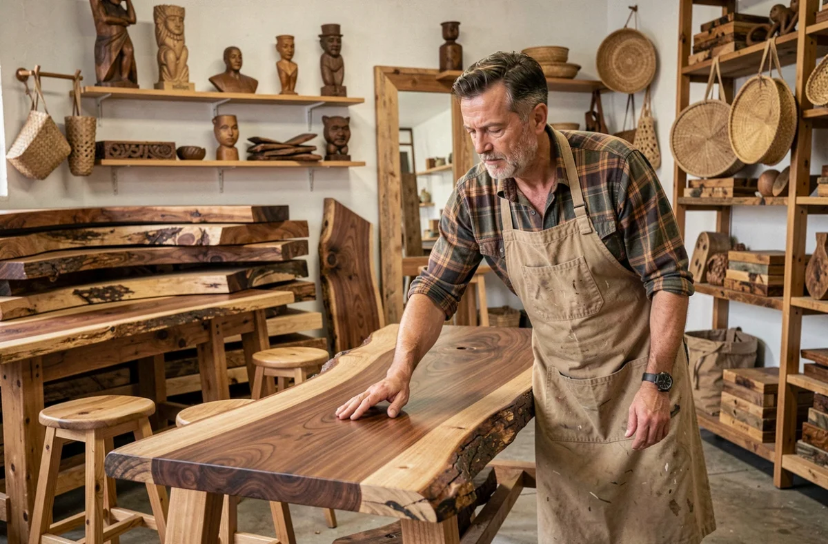 Boutique Le Bois Debout à Lyon, espace dépôt-vente spécialisé dans les meubles en bois massif et matériaux récupérés, avec un artisan examinant une table à plateau brut.