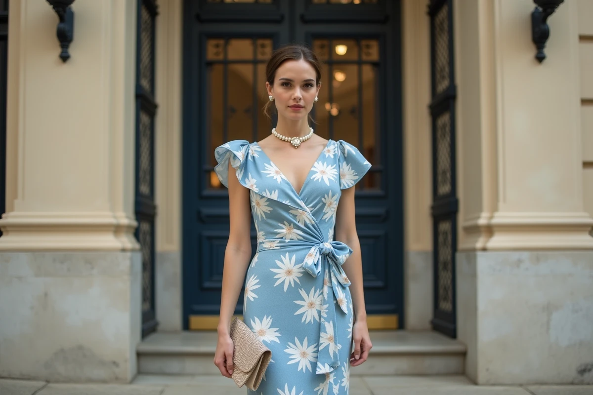 Femme en robe cocktail fleurie bleue à encolure portefeuille accessoirisée avec escarpins ivoire, minaudière perlée et collier ras-du-cou pour cérémonie chic