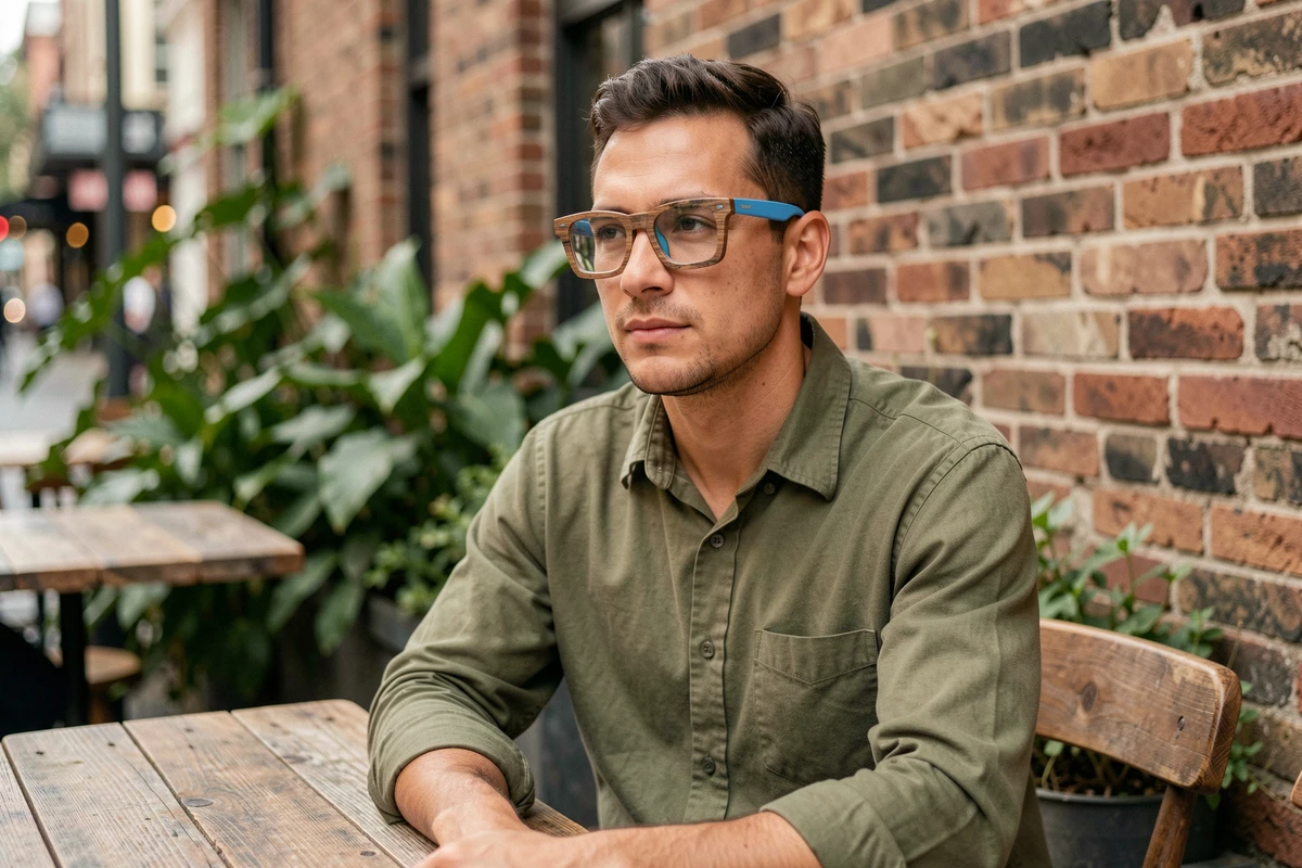 Homme portant des lunettes design en bois recyclé et plastique océanique attablé dans un café urbain verdoyant
