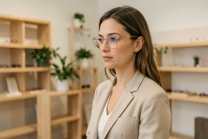 Femme portant des lunettes tendance écoresponsables en acétate recyclé dans une boutique optique minimaliste aux étagères en bois naturel