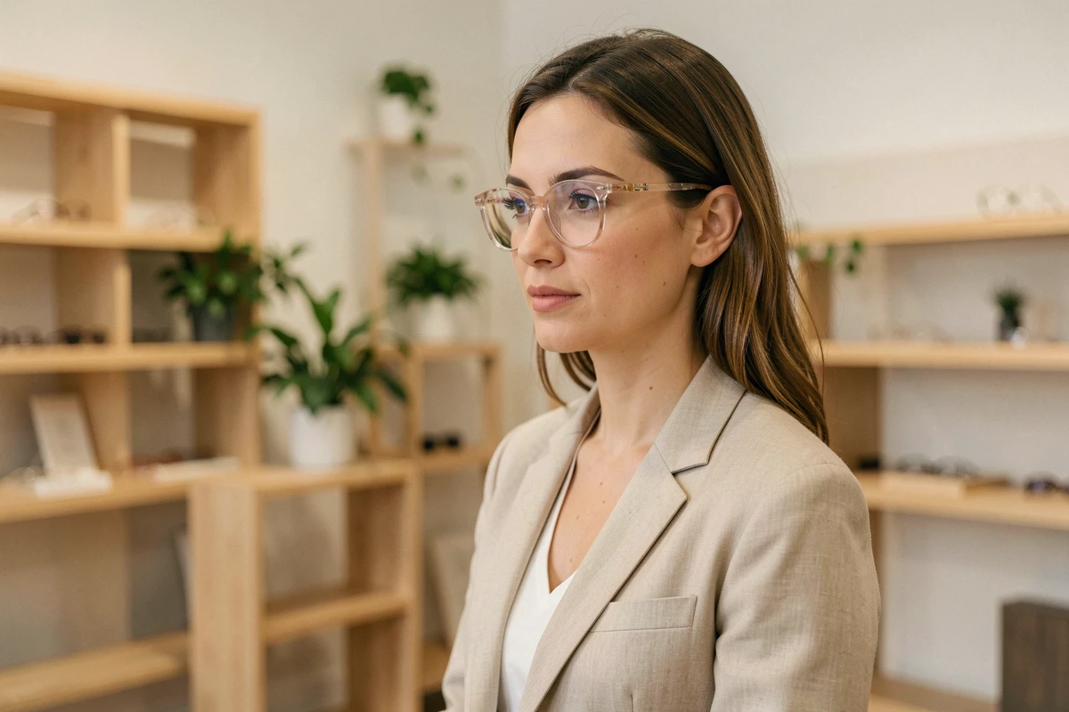 Femme portant des lunettes tendance écoresponsables en acétate recyclé dans une boutique optique minimaliste aux étagères en bois naturel