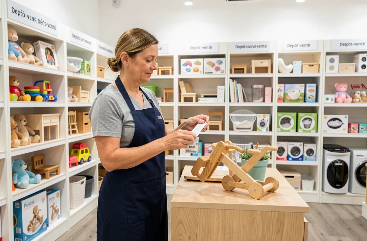 Commerçante de Marelle Dépôt Vente étiquetant des jouets en bois sur des étagères organisées