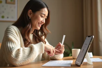 Jeune femme mesurant son doigt avec une règle et un guide de taille sur smartphone pour choisir la bonne taille de bague magnétique à distance