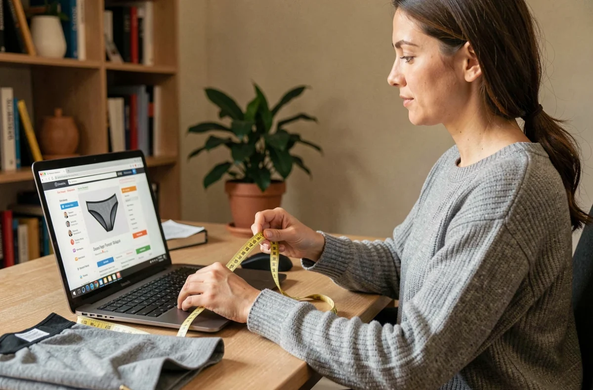 Femme mesurant un boxer personnalisé chez elle devant un site de commande en ligne