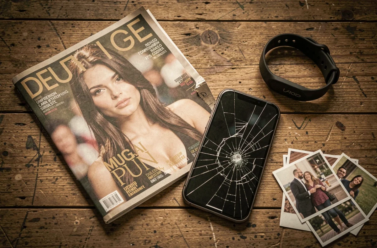 Objets personnels symbolisant une carrière médiatique oubliée : magazine, photos et accessoires sur une surface en bois usé