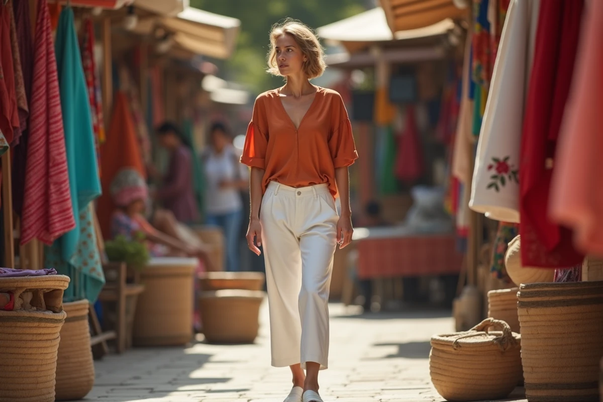 Femme en pantalon blanc et haut terracotta au marché en plein air