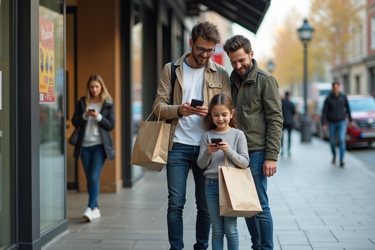Père et fille regardant un smartphone après shopping en ville