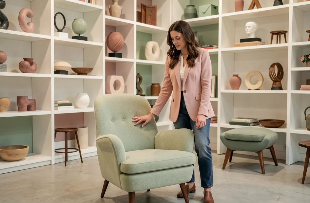 Boutique Pastel à Lyon 7e, espace dépôt-vente au design épuré avec mobilier mid-century, sculptures et objets décoratifs sur fond de rayonnages blancs.
