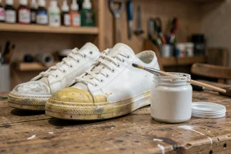 Peinture blanche pour chaussures en cuir appliquée sur une basket usée posée sur un établi en bois avec un pinceau et un pot de peinture textile