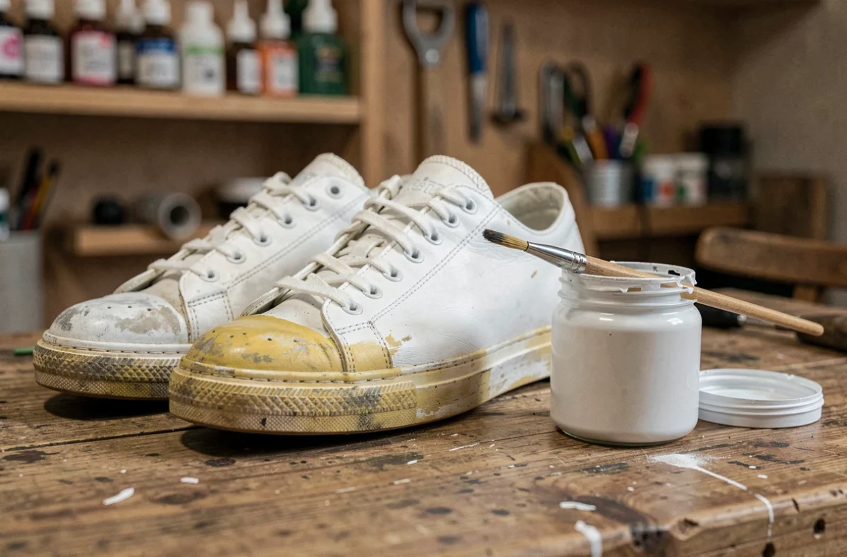 Peinture blanche pour chaussures en cuir appliquée sur une basket usée posée sur un établi en bois avec un pinceau et un pot de peinture textile