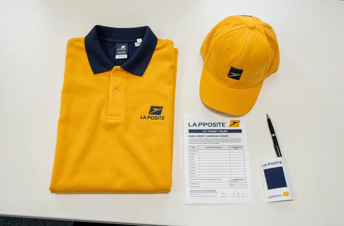 Pièces de l'habillement La Poste 2026 disposées avec le formulaire de commande