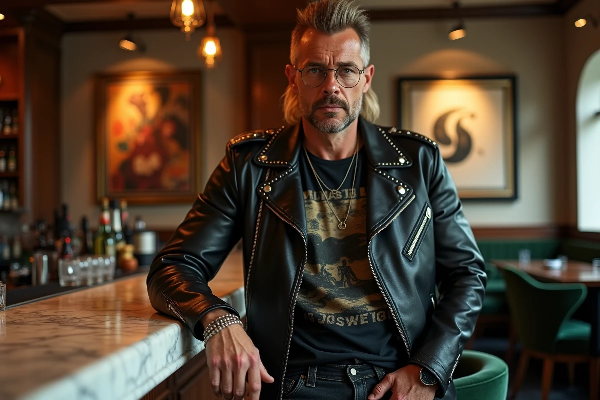 Homme en cuir et accessoires dans un lounge chic