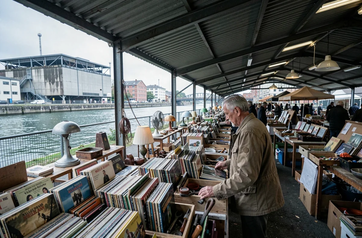 Marché aux puces Les Puces du Canal à Villeurbanne, avec des étals de disques vinyles, outils anciens et objets variés sous un hangar semi-couvert près du canal.
