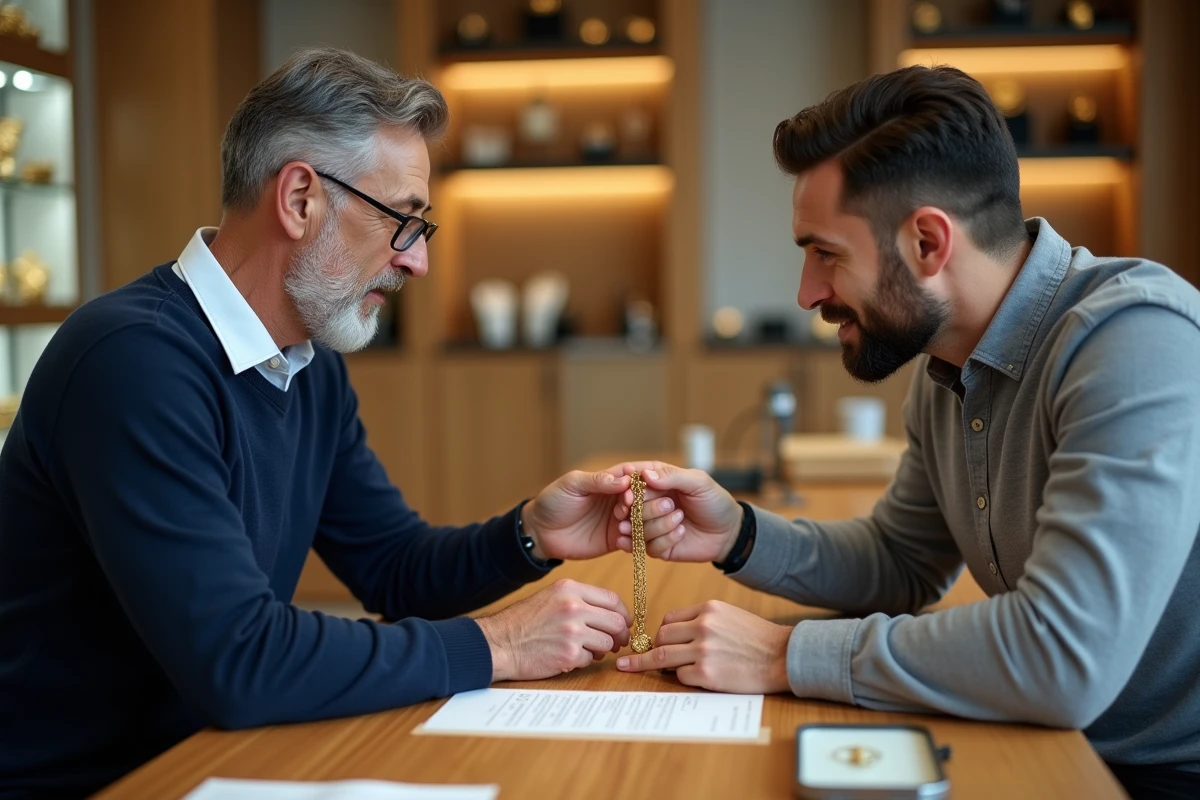 Client remettant un bijou en or à un acheteur professionnel dans une boutique de rachat d'or