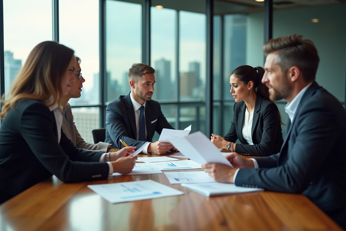 Groupe de professionnels en réunion d'affaires autour de rapports financiers