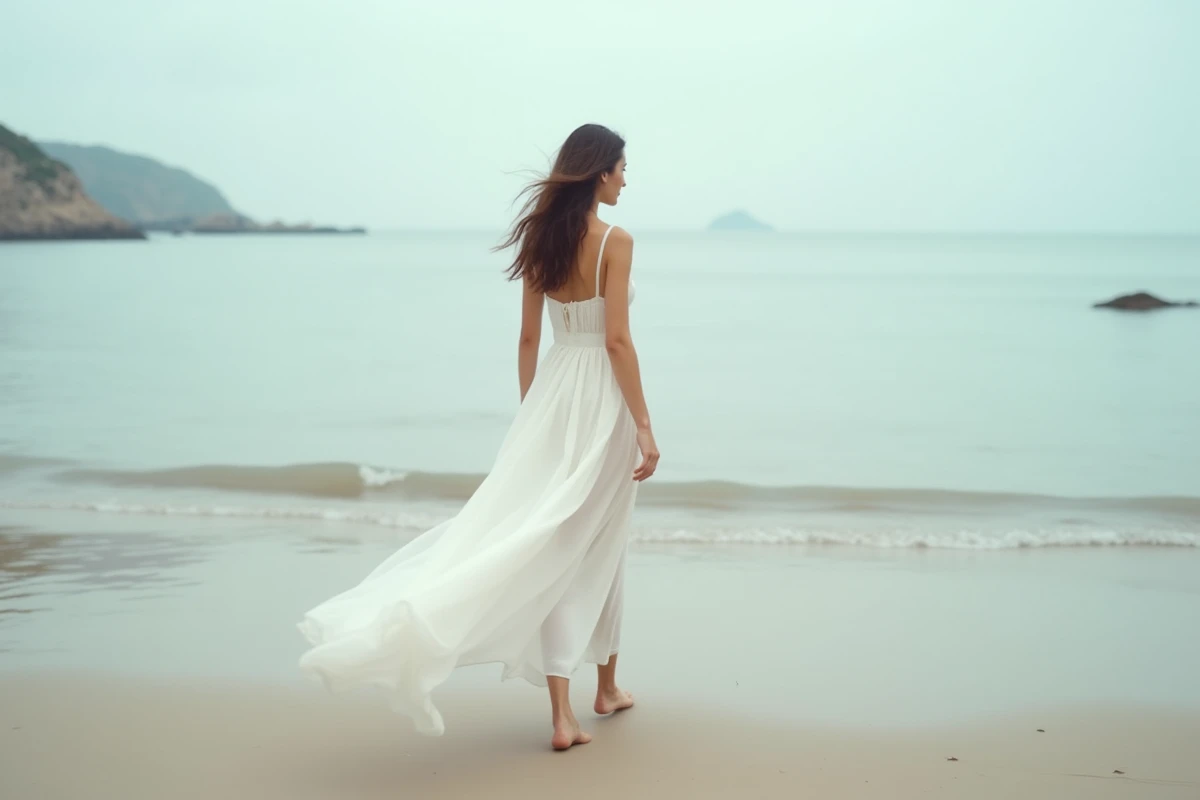 Femme en robe bustier longue blanche fluide en chiffon marchant sur une plage, tissu léger au vent pour une silhouette romantique