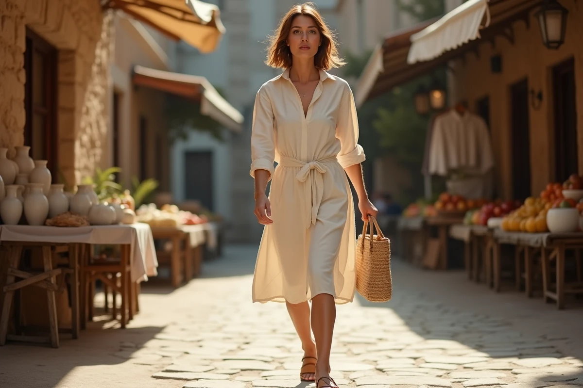 Femme en robe chemise SINEQUANONE en lin écru ceinturée se promenant dans un marché urbain ensoleillé