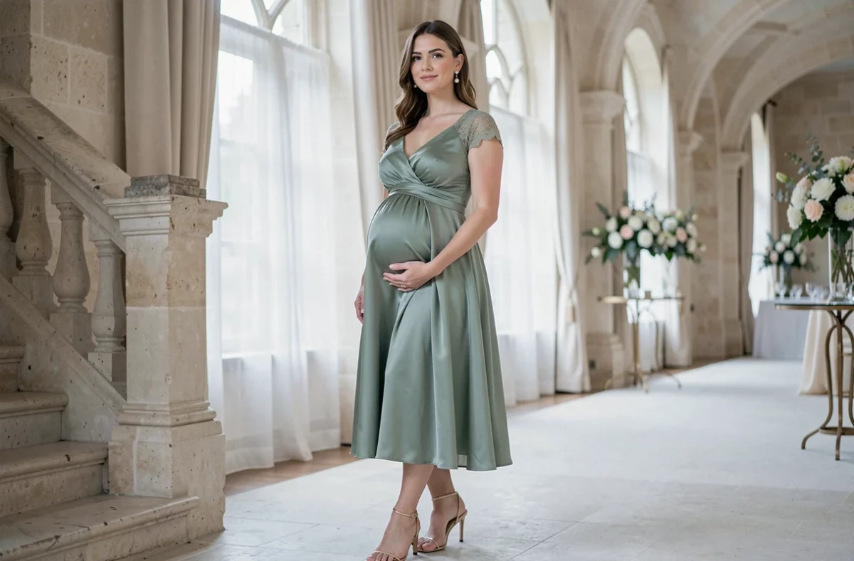 Future maman en robe verte sauge à taille empire lors d'un mariage chic en intérieur dans un château, posture élégante et ventre arrondi bien mis en valeur