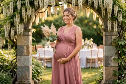 Femme enceinte élégante en robe longue rose poudré à une cérémonie de mariage en plein air, souriant avec son ventre rond mis en valeur