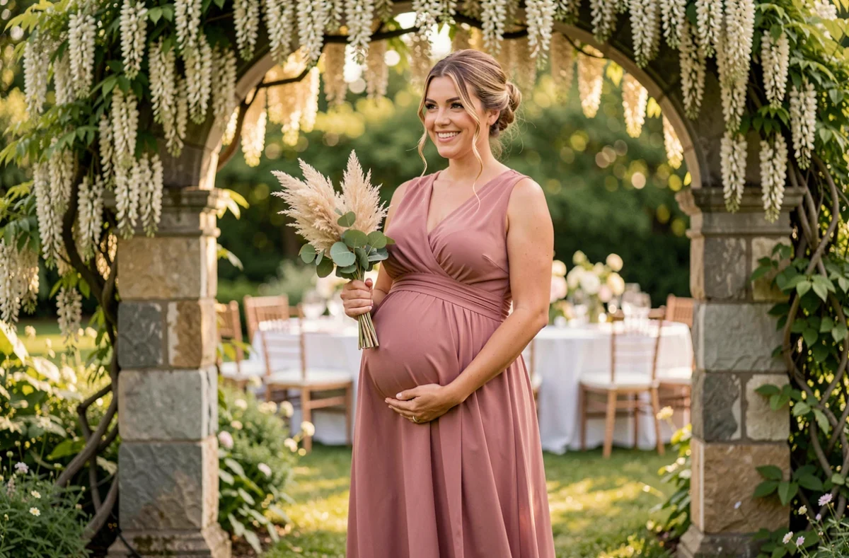 Femme enceinte élégante en robe longue rose poudré à une cérémonie de mariage en plein air, souriant avec son ventre rond mis en valeur