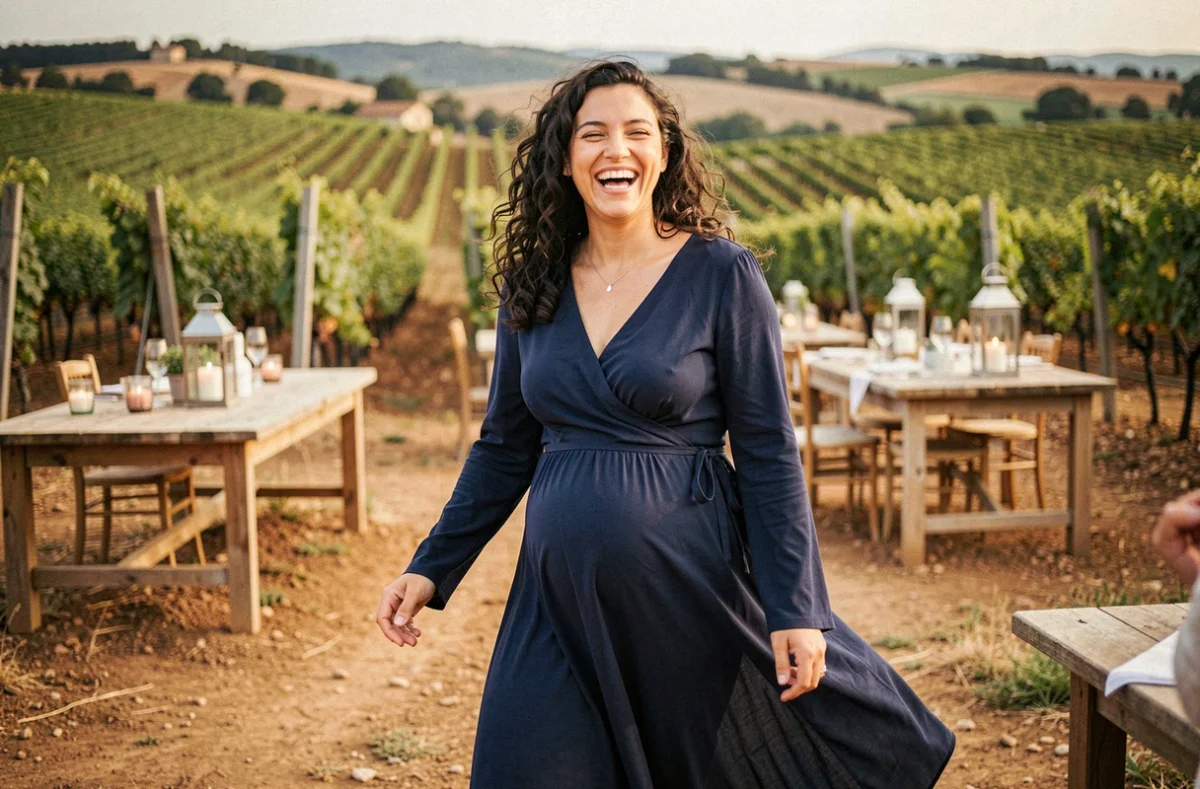 Femme enceinte en longue robe bleu marine à manches fluides, riant naturellement avec une invitée lors d'un mariage dans un vignoble provençal