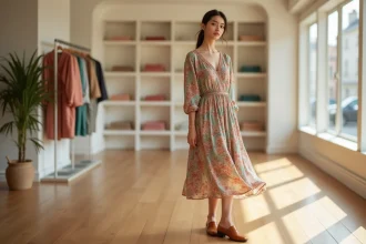 Femme portant une robe midi fleurie SINEQUANONE en viscose terracotta dans une boutique parisienne élégante