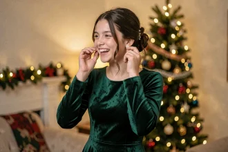 Adolescente en robe de velours vert émeraude élégante pour le réveillon du Nouvel An, coiffure soignée et accessoires discrets dans un salon décoré pour les fêtes